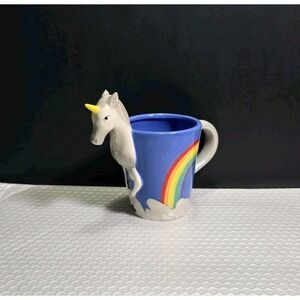 THINKGEEK 3D Unicorn Rainbow Ceramic Mug 2015 Hand Painted 16 oz Figural Planter